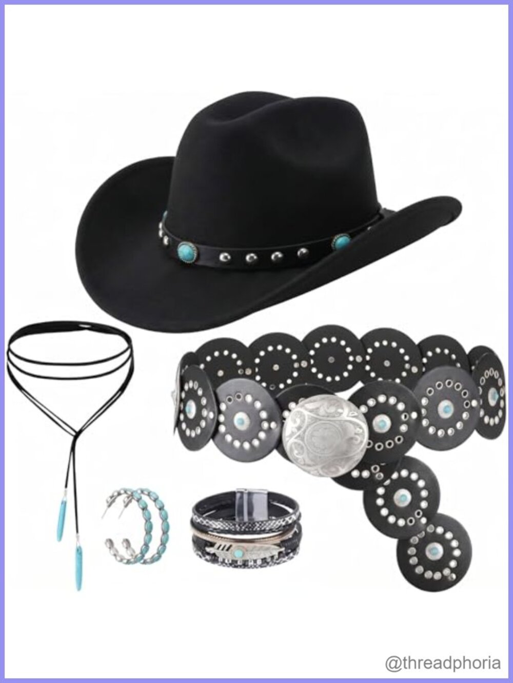 5 Pc Western Cowboy Hat Set Felt Turquoise Alloy Cowhide Jewelry Belt Choker